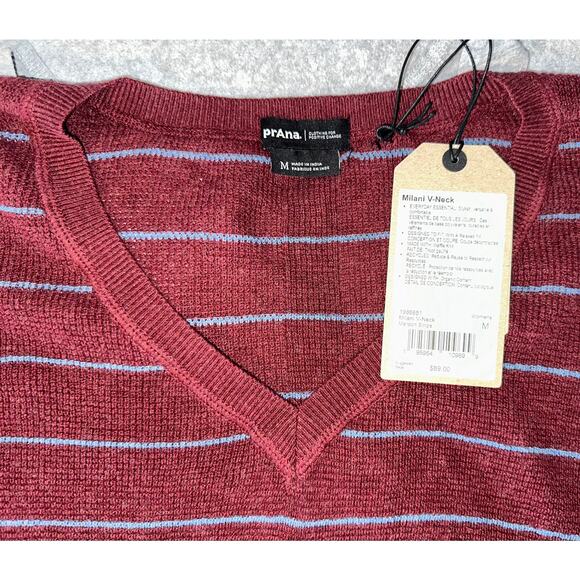 prAna Milani V-Neck Sweater Maroon stripe, Size Medium organic cotton - Picture 2 of 5